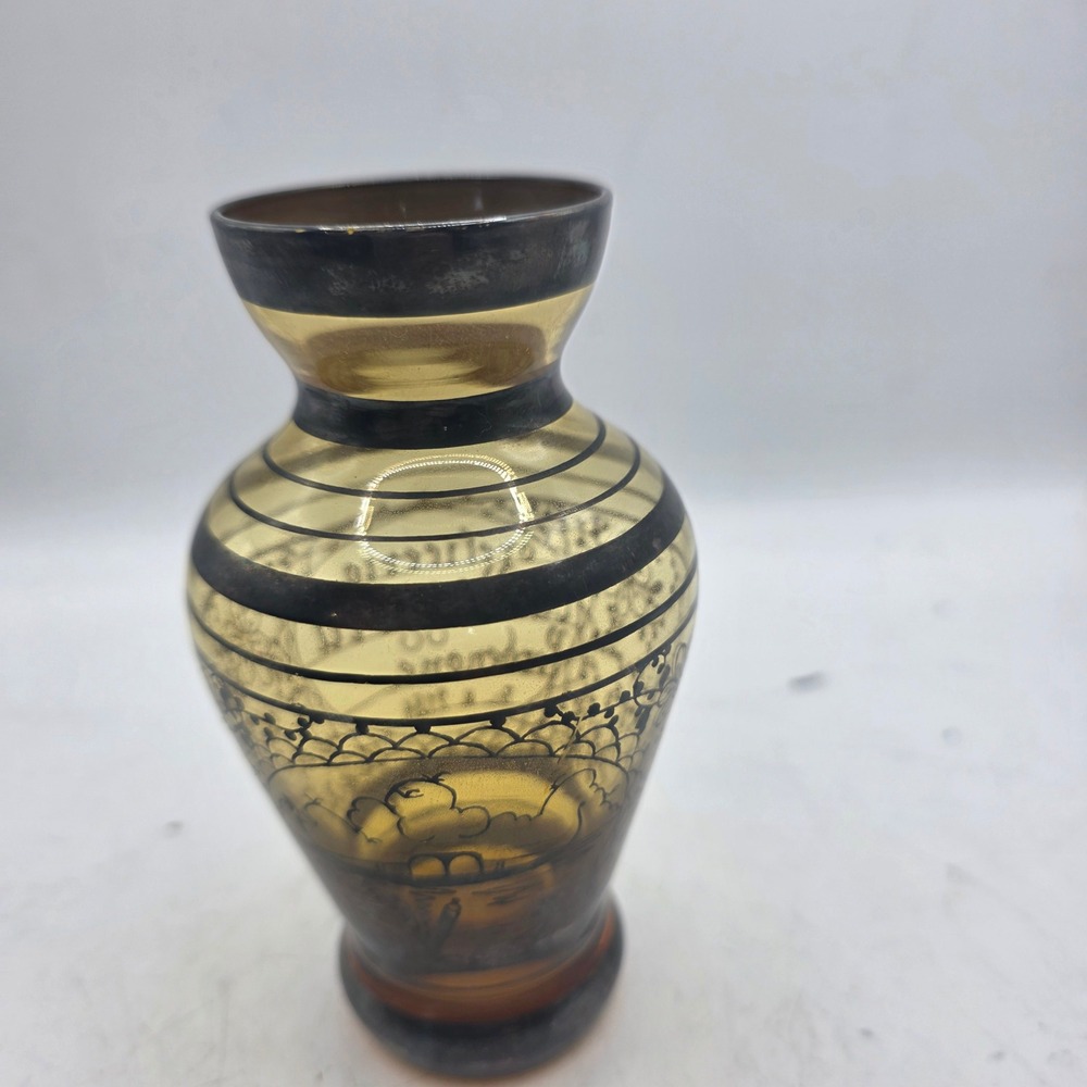 Vintage Italian Venetian Amber Glass Vase Silver Overlay Gondola Floral MCM